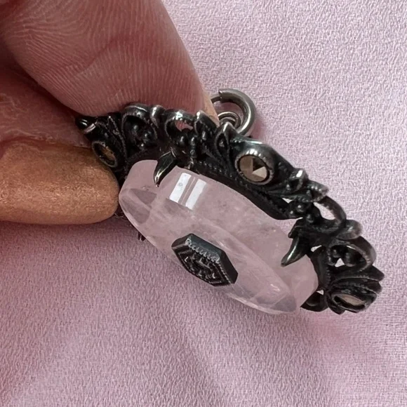 ANTIQUE ROSE QUARTZ MARCASITE STERLING SILVER NECKLACE PENDANT W/CHAIN GERMANY